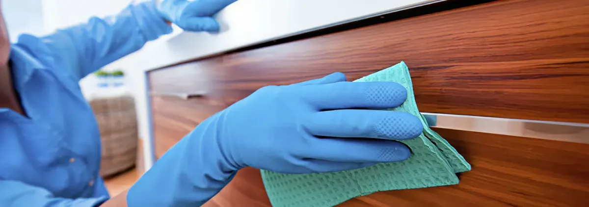 Cleaner wearing blue gloves wiping a wooden cabinet drawer with a microfiber cloth for dust and grime removal, Chandler, AZ.