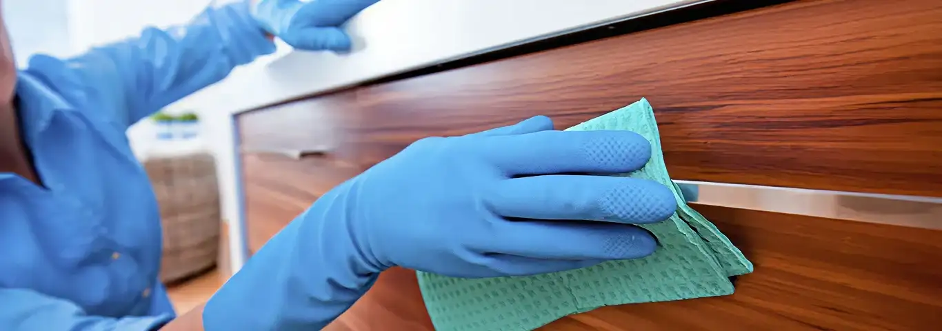 Cleaner wearing blue gloves wiping a wooden cabinet drawer with a microfiber cloth for dust and grime removal, Chandler, AZ.