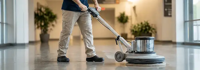 Professional technician using an industrial floor buffer to polish and maintain shiny commercial flooring in a corporate hallway in Chandler, AZ.