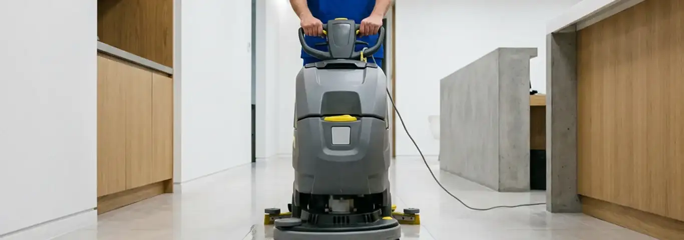 Janitorial staff using a floor scrubber machine to clean a commercial hallway, Chandler, AZ.