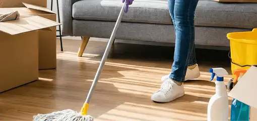 Move-out cleaning setup with a cleaner mopping hardwood floors near moving boxes and cleaning supplies, Chandler, AZ.
