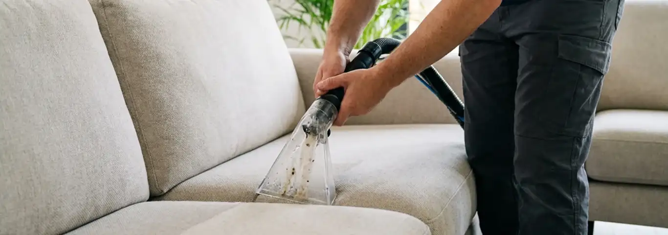 Technician extracting dirt and moisture from a fabric sofa with an upholstery cleaning wand, Chandler, AZ.