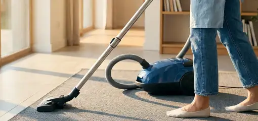 Person vacuuming a living room rug with a canister vacuum cleaner near large windows, Chandler, AZ.